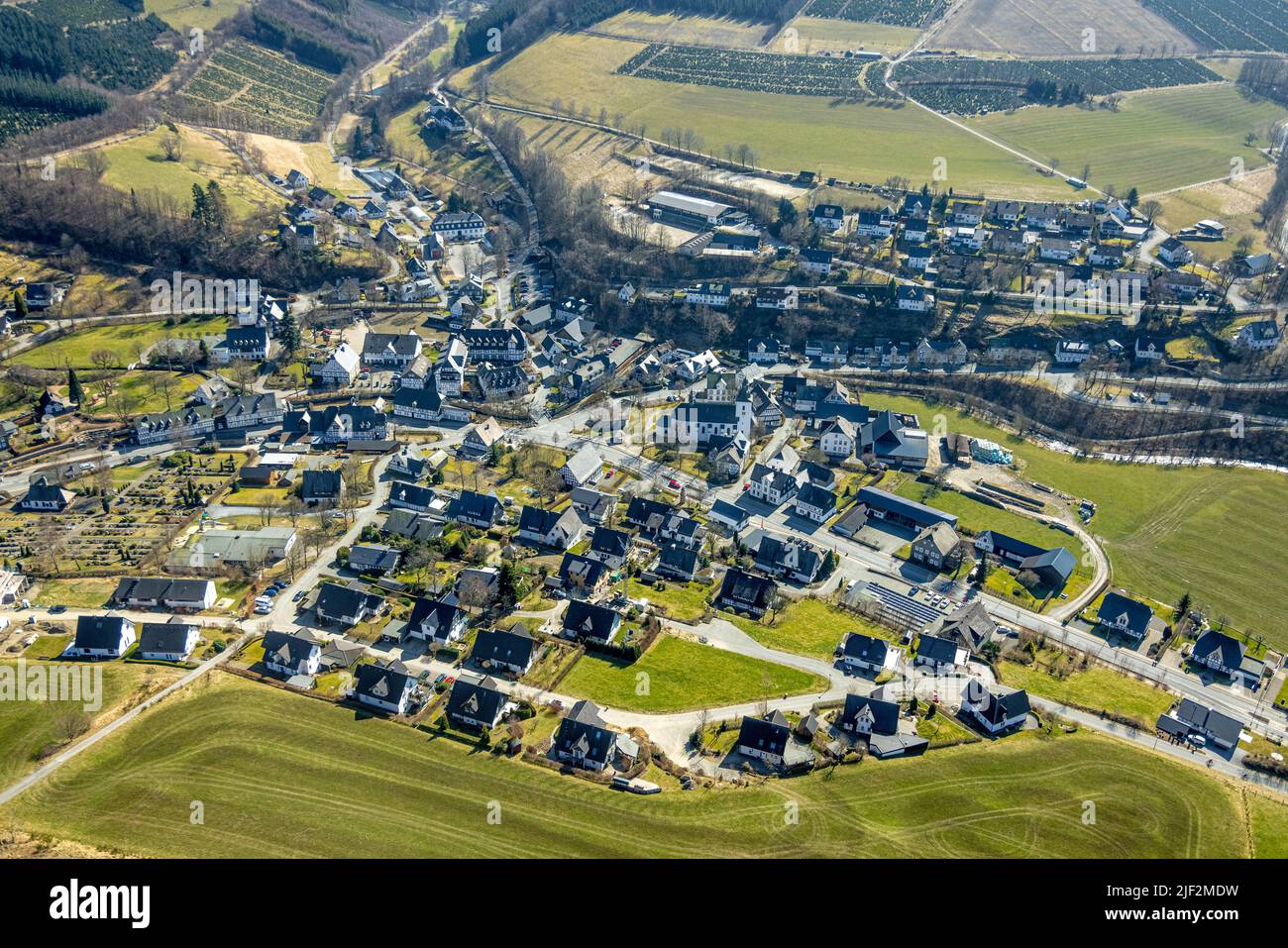 Aerial view, Oberkirchen, Schmallenberg, Sauerland, North Rhine-Westphalia, Germany, DE, Europe, aerial photography, aerial view, birds-eyes view, ove Stock Photo