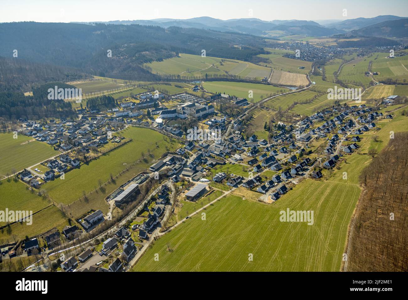 Aerial view, local view with specialist hospital Kloster Grafschaft, Grafschaft, Schmallenberg, Sauerland, North Rhine-Westphalia, Germany, DE, Europe Stock Photo