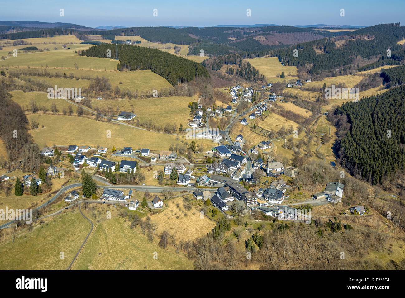 Aerial view, village view Nordenau in mountainous landscape, Hotel Landhaus Nordenau, Nordenau, Schmallenberg, Sauerland, North Rhine-Westphalia, Germ Stock Photo
