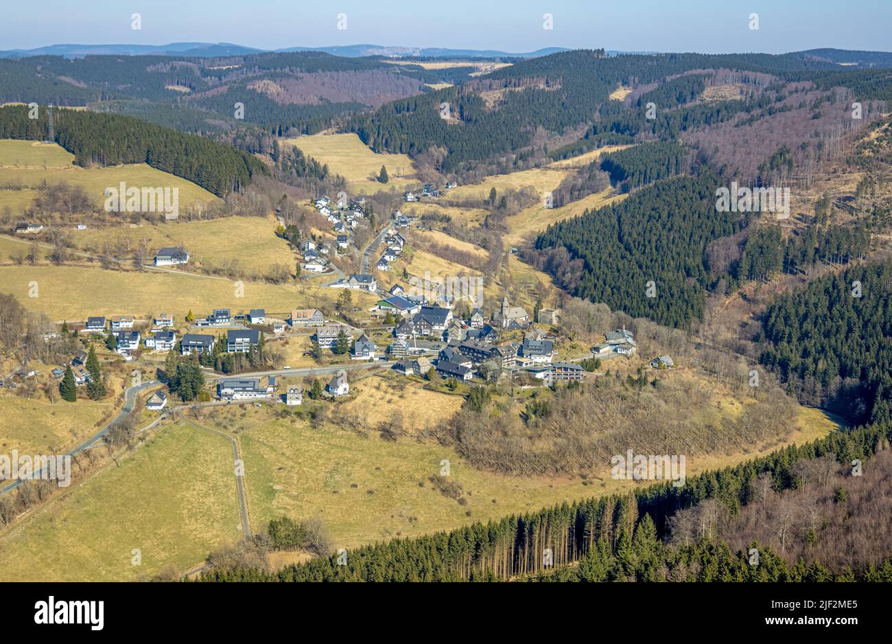 Aerial view, village view Nordenau in mountainous landscape, Hotel Landhaus Nordenau, Nordenau, Schmallenberg, Sauerland, North Rhine-Westphalia, Germ Stock Photo