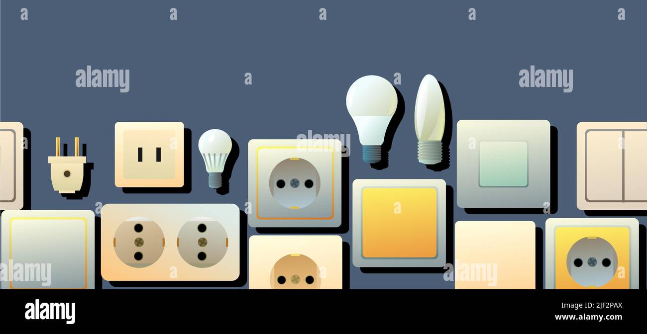 Sockets, switches and light bulbs. Electrical appliances for home network. Spare parts for work of an electrician. Bottom seamless horizontal composit Stock Vector
