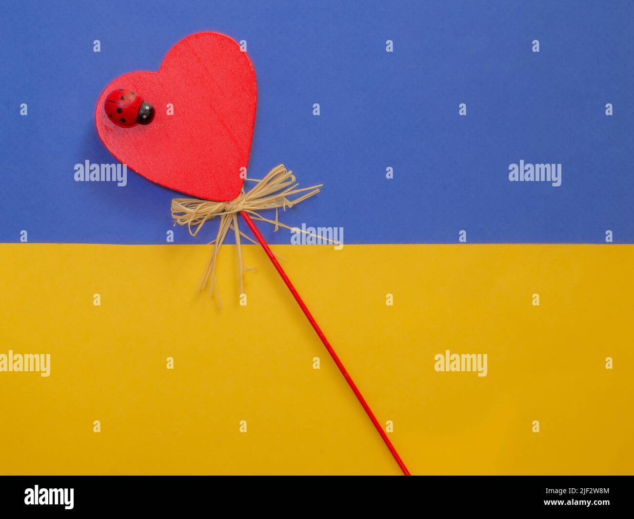 Valentine's Day in the colors of Ukraine. Peace and Love in Ukraine. Ladybug on a heart. Space for text. Stock Photo