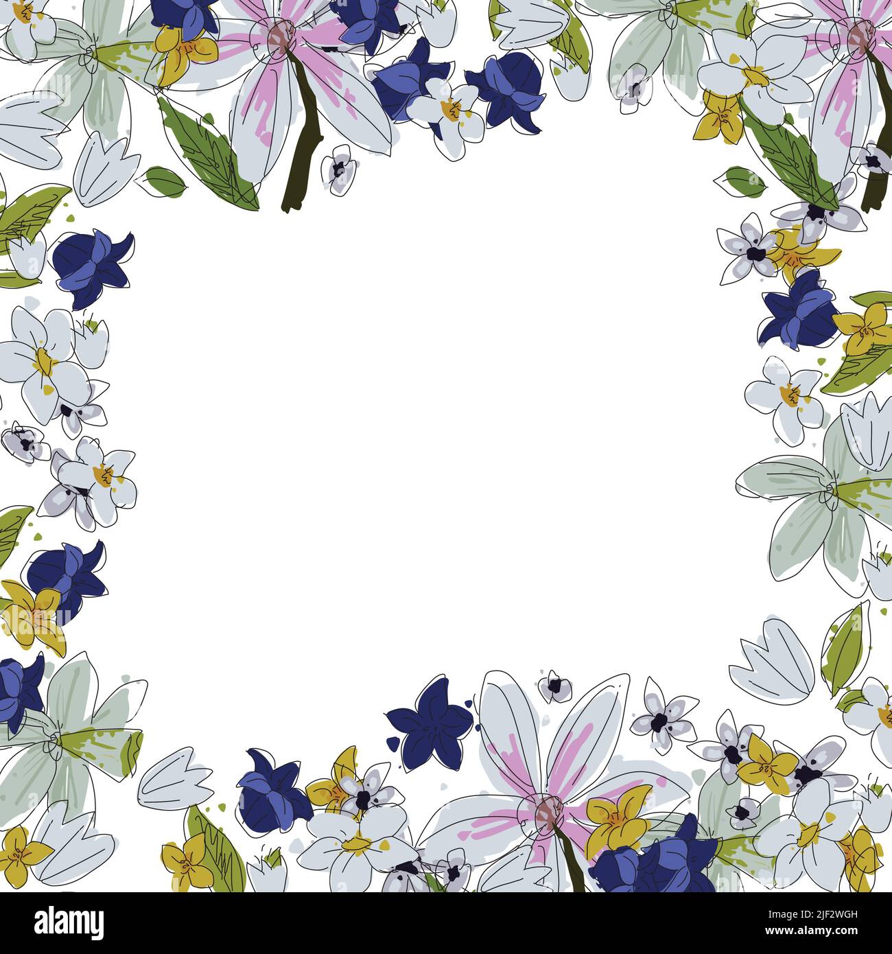 Vector floral frame. Sketchy flowers arrange in border on white