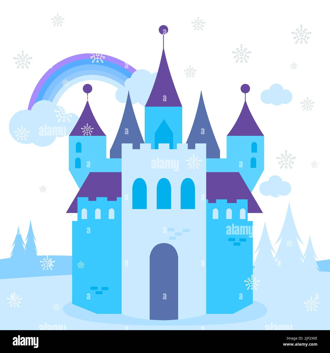 Fairy tale castle in the snow in a beautiful winter landscape. Stock Photo