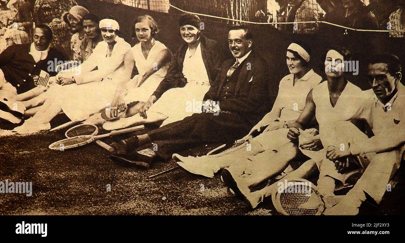 British Tennis in 1930 . Wimbledon  a group of tennis stars with ex king Manoel or Manuel II  of Portugal (centre) Stock Photo