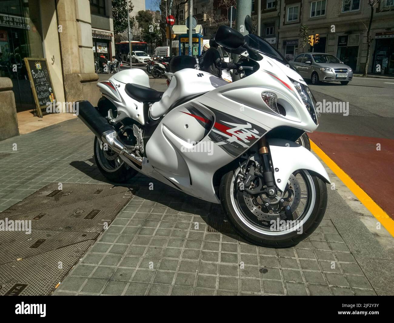 Vey big white motorbike parked in the street. Suzuki Hayabusa Stock Photo