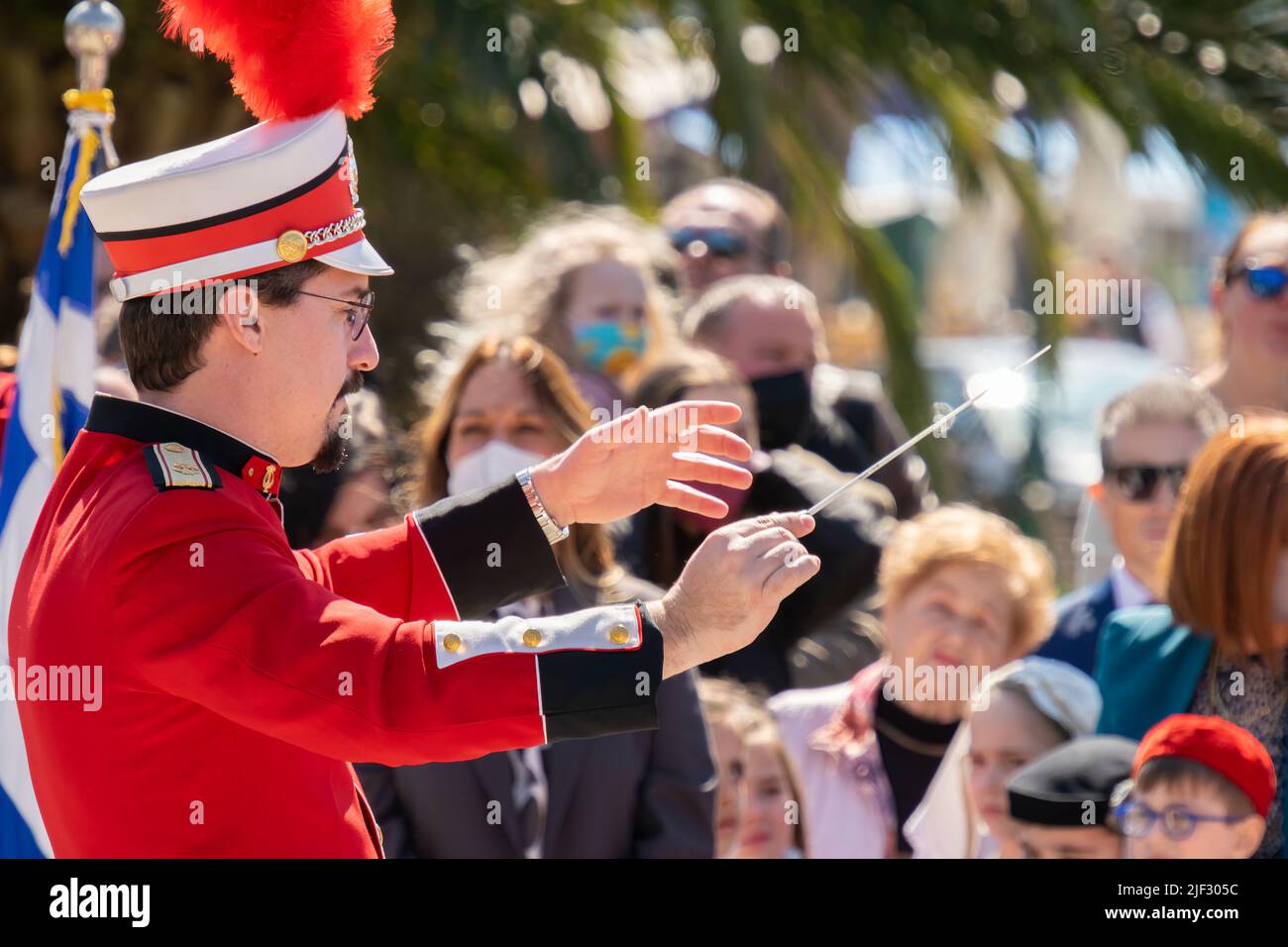 Loutraki, Greece 25 March 2022. Band playing and giving the rythm  at the Greek national parade. Stock Photo