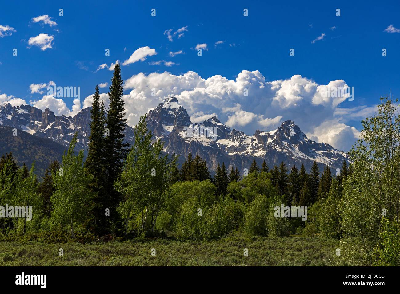 This is a view of Grand Teton Peak (center) the highest peak in the Teton Range in Grand Teton National Park, Wyoming, USA. Stock Photo