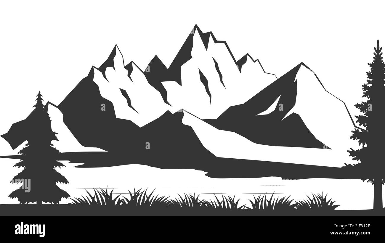 Mountain with pine trees and landscape black on white background ...