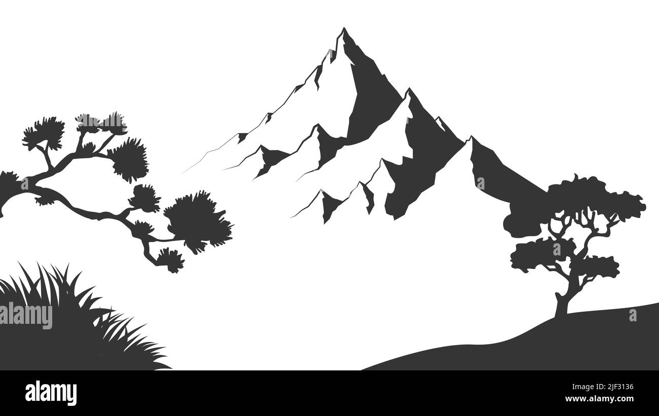 Mountain with pine trees and landscape black on white background ...