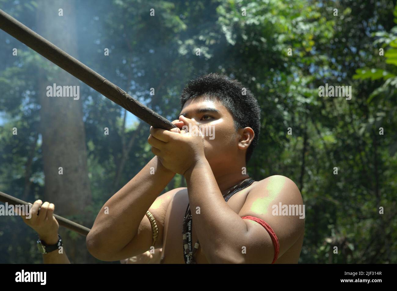 A tourism worker demonstrating an indigenous way of hunting with blowgun at Mari Mari Cultural Village, a village that is designed to showcase the cultures of five ethnic groups of Sabah—a Malaysian state in North Borneo, which is located on the outskirts of Kota Kinabalu in Sabah, Malaysia. Stock Photo