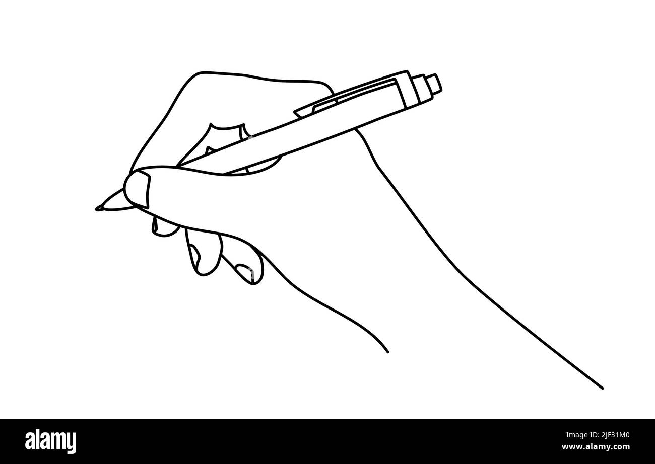 Hand holding a ball pen, writing, signing a document or drawing. Hand drawn with thin line. Vector illustration isolated on white background Stock Vector
