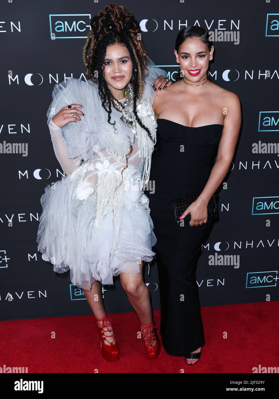 WEST HOLLYWOOD, LOS ANGELES, CALIFORNIA, USA - JUNE 28: British actresses Emma McDonald and Yazzmin Newell arrive at the Los Angeles Premiere Of AMC+'s Original Series 'Moonhaven' held at the The London Hotel West Hollywood at Beverly Hills on June 28, 2022 in West Hollywood, Los Angeles, California, United States. (Photo by Xavier Collin/Image Press Agency) Stock Photo
