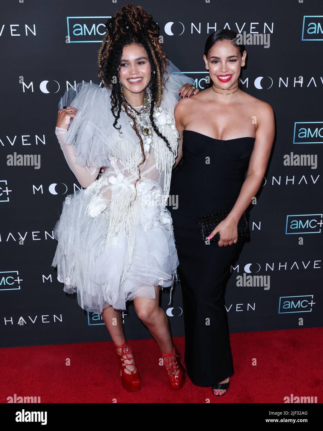 WEST HOLLYWOOD, LOS ANGELES, CALIFORNIA, USA - JUNE 28: British actresses Emma McDonald and Yazzmin Newell arrive at the Los Angeles Premiere Of AMC+'s Original Series 'Moonhaven' held at the The London Hotel West Hollywood at Beverly Hills on June 28, 2022 in West Hollywood, Los Angeles, California, United States. (Photo by Xavier Collin/Image Press Agency) Stock Photo