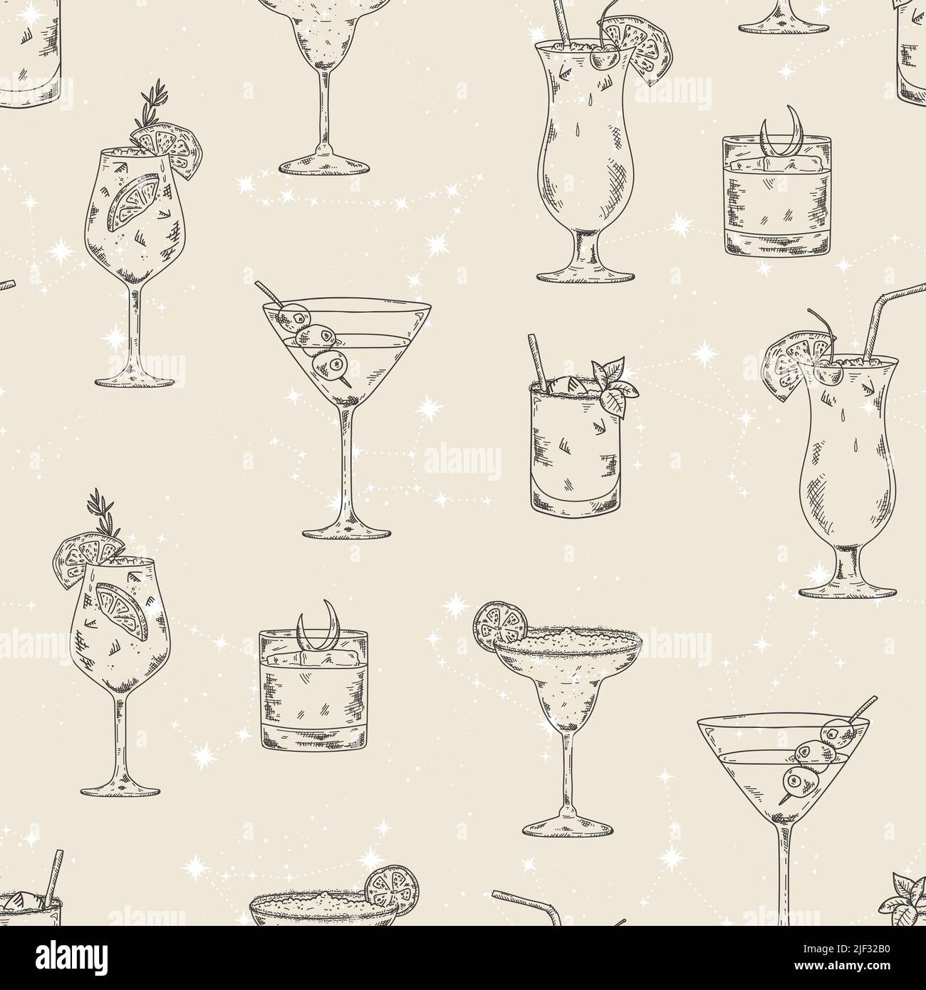 Fun hand drawn cocktails seamless pattern, great for banners, textiles