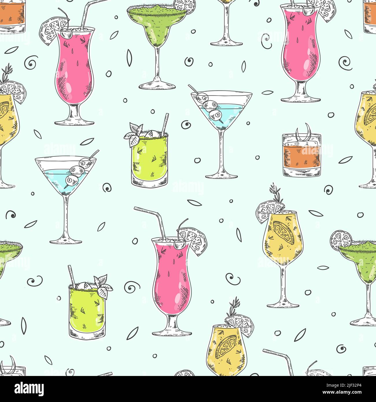 Fun hand drawn cocktails seamless pattern, great for banners, textiles