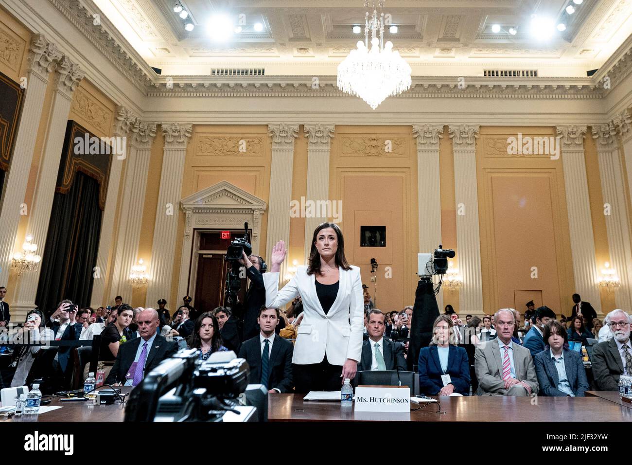 (220629) -- WASHINGTON, June 29, 2022 (Xinhua) -- Cassidy Hutchinson, an aide to former White House chief of staff Mark Meadows, is seen at a public hearing held by the U.S. House select committee investigating the Capital riot on Jan. 6, 2021 to provide testimony in Washington, DC, the United States, June 28, 2022. A former White House aide testified at a public hearing on Tuesday held by the U.S. House select committee investigating the Capital riot last year. (Andrew Harnik/Pool via Xinhua) Stock Photo