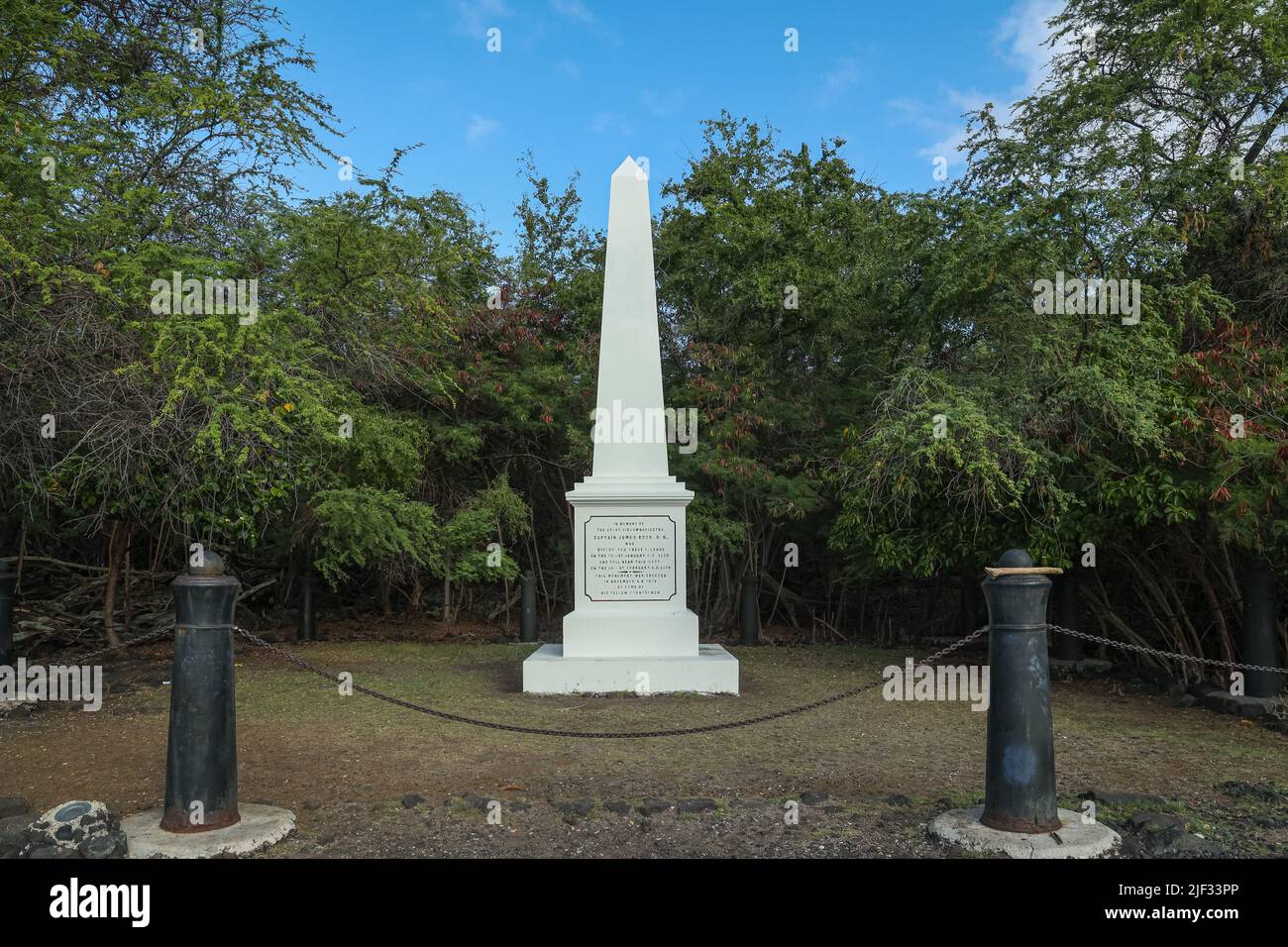An obelisk monument marks the location of Captain James Cook's land contact on Hawaii's Big