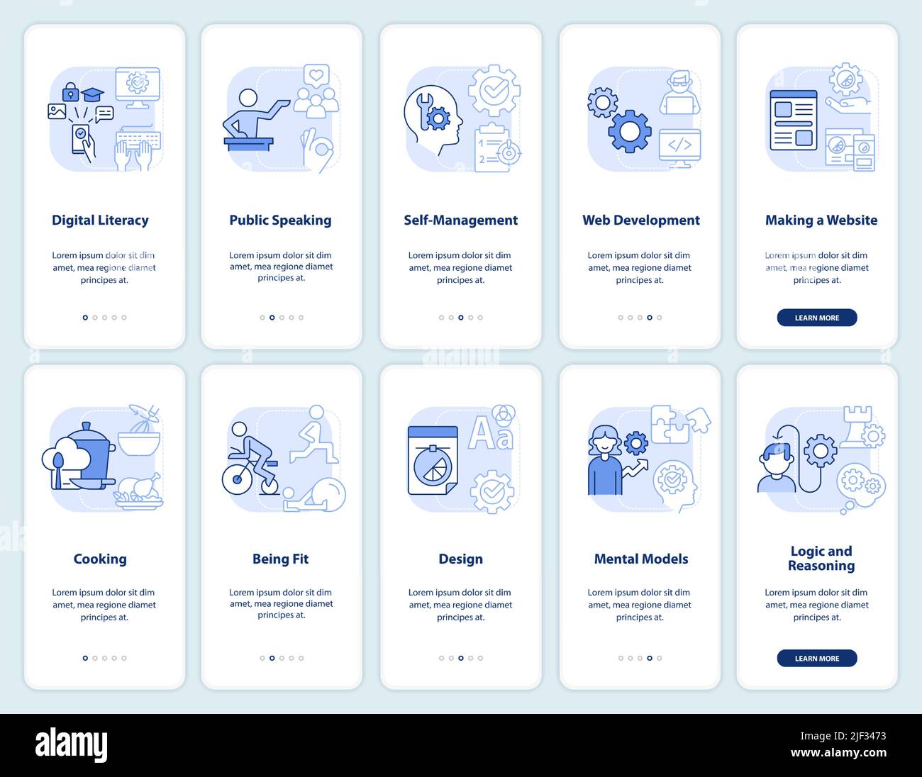 Important life skills light blue onboarding mobile app screen set Stock ...