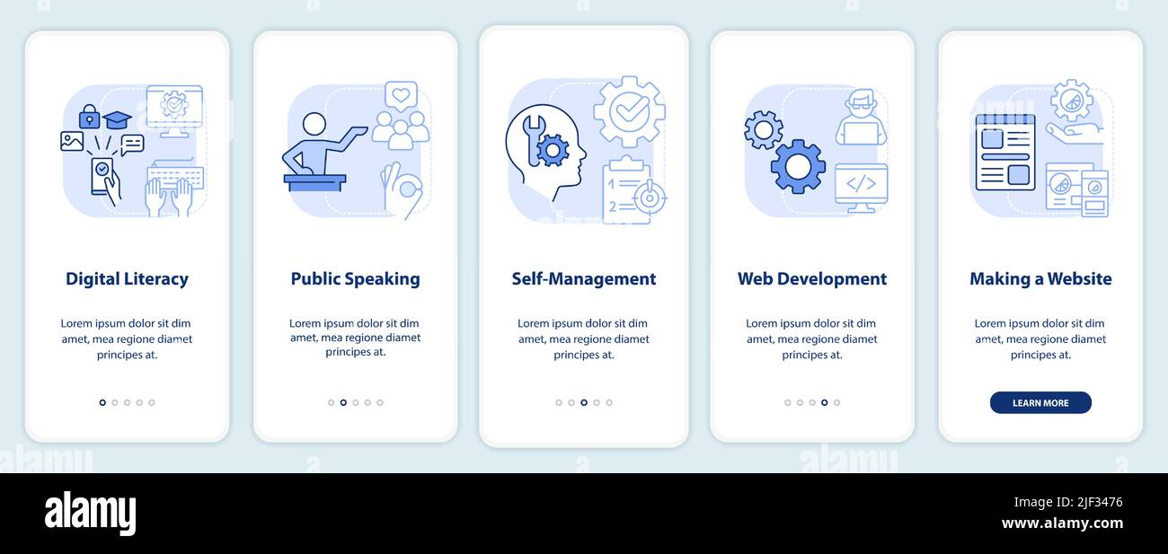Important competencies light blue onboarding mobile app screen Stock Vector