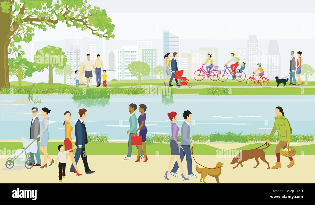 Groups of people by the water with families, parents and children, illustration Stock Vector