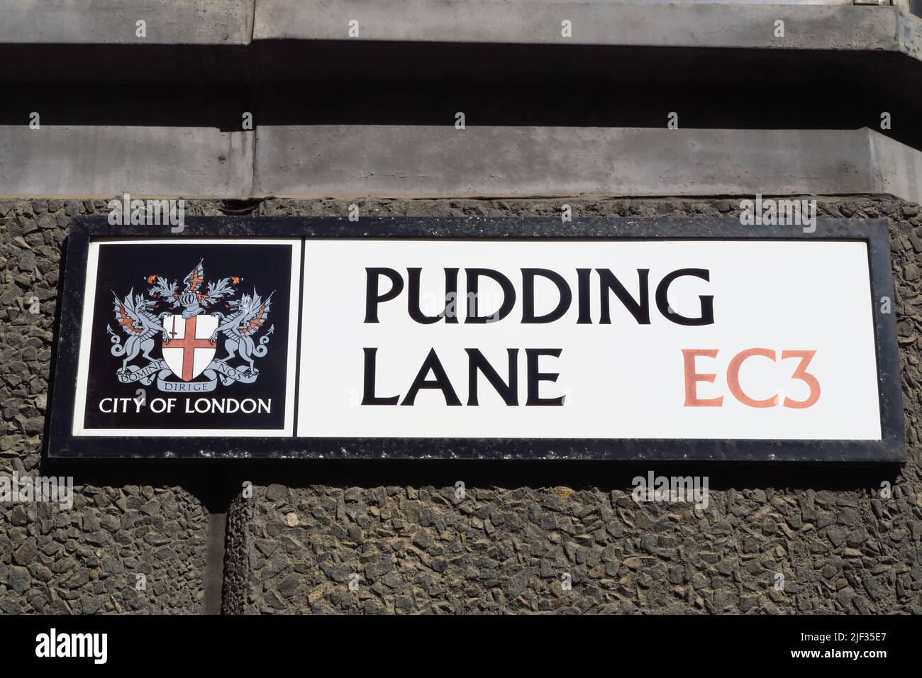 Pudding Lane sign in the City of London. It was in Thomas Farriner's bakery on this street that the Great Fire of London started in 1666. Stock Photo