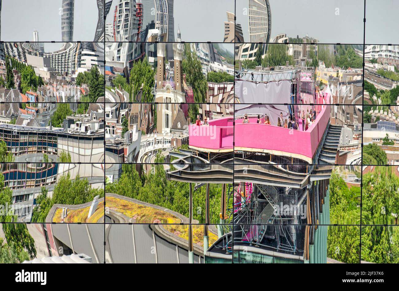 Rotterdam, The Netherlands, June 18, 2022: distorted reflection of the podium on the roof of the New Institute in the facade of the Boymans depot buil Stock Photo
