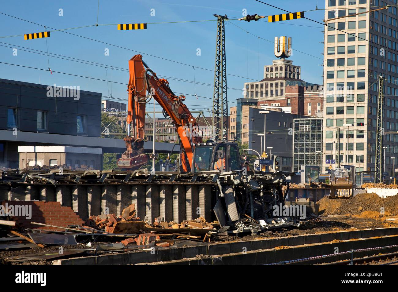 Construction site at Dortmund Central Station with the Dortmund U-Tower and the Harenberg City Center, Germany, North Rhine-Westphalia, Ruhr Area, Dor Stock Photo