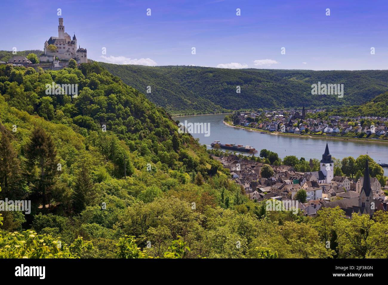 view of the Rhine Valley with Marksburg Castle on Braubach, UNESCO World Heritage Upper Middle Rhine Valley, Germany, Rhineland-Palatinate, Braubach Stock Photo