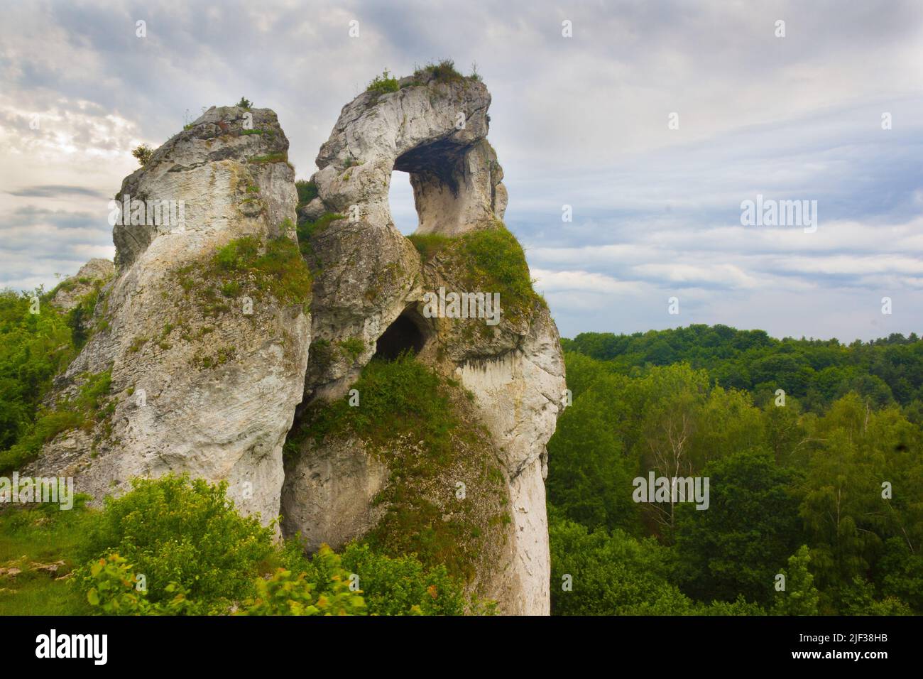Limestone rock formation called Okiennik Wielki in Piaseczno, near city Zawiercie, Jura Krakowsko-Czestochowska Upland, Poland Stock Photo