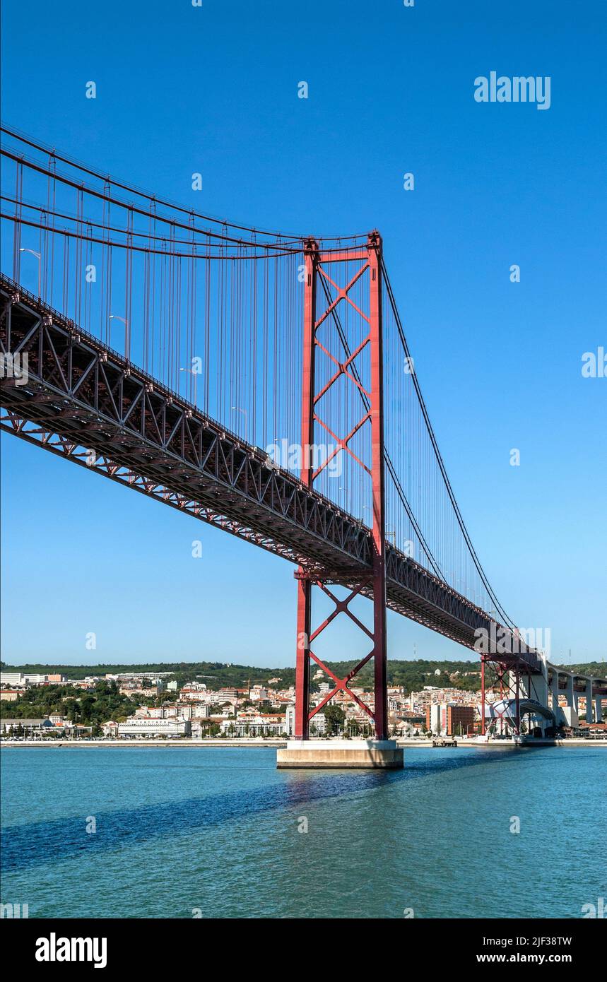 Suspension bridge Ponte 25 de Abril accross the River Tejo, Portugal, Lisbon Stock Photo