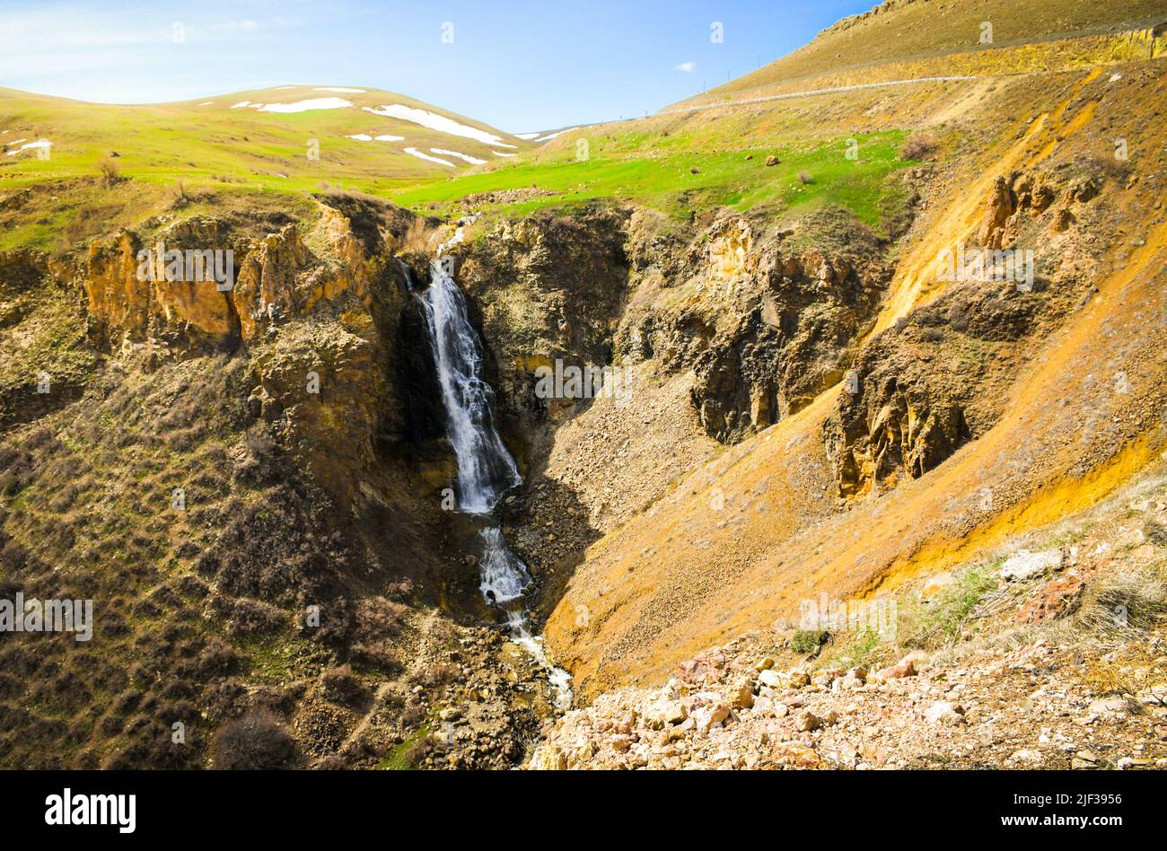 Susuz Waterfall in Kars Province of Turkey with beautiful green spring nature Stock Photo