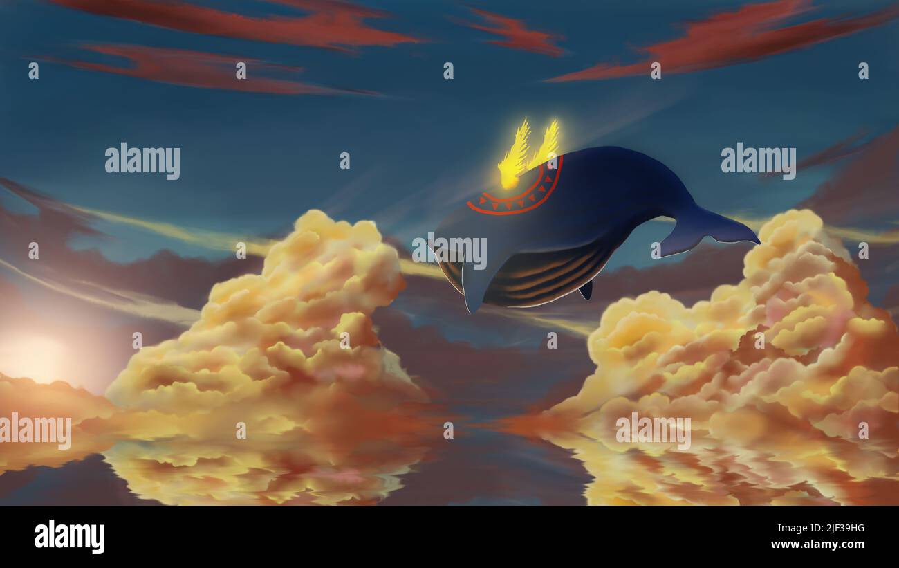 Fantasy scenery giant whale flying on the clouds with light wing looking at tne cumulus clouds and the sun shines on the body, digital art style, fine Stock Photo