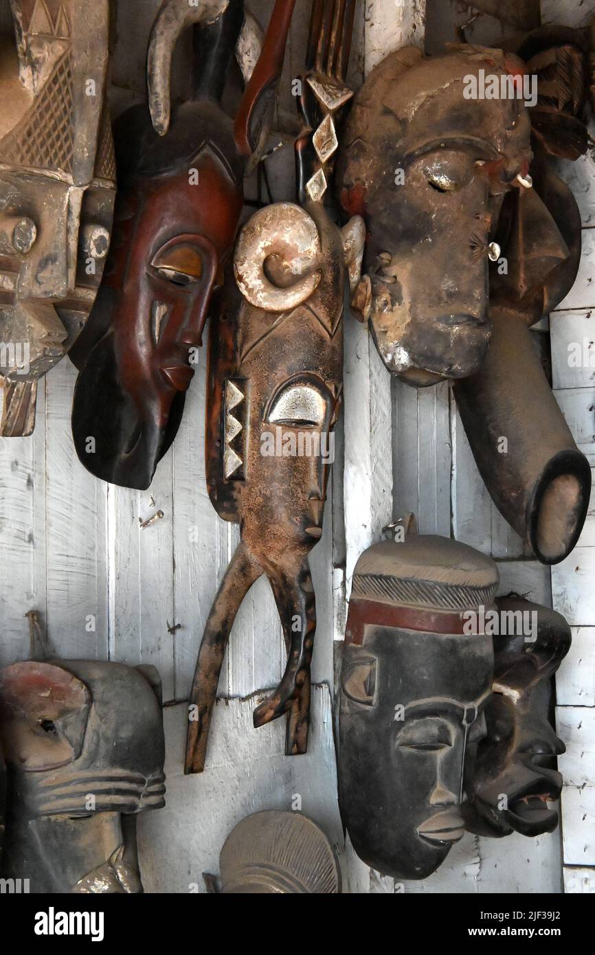 african masks made from wood in Africa Stock Photo