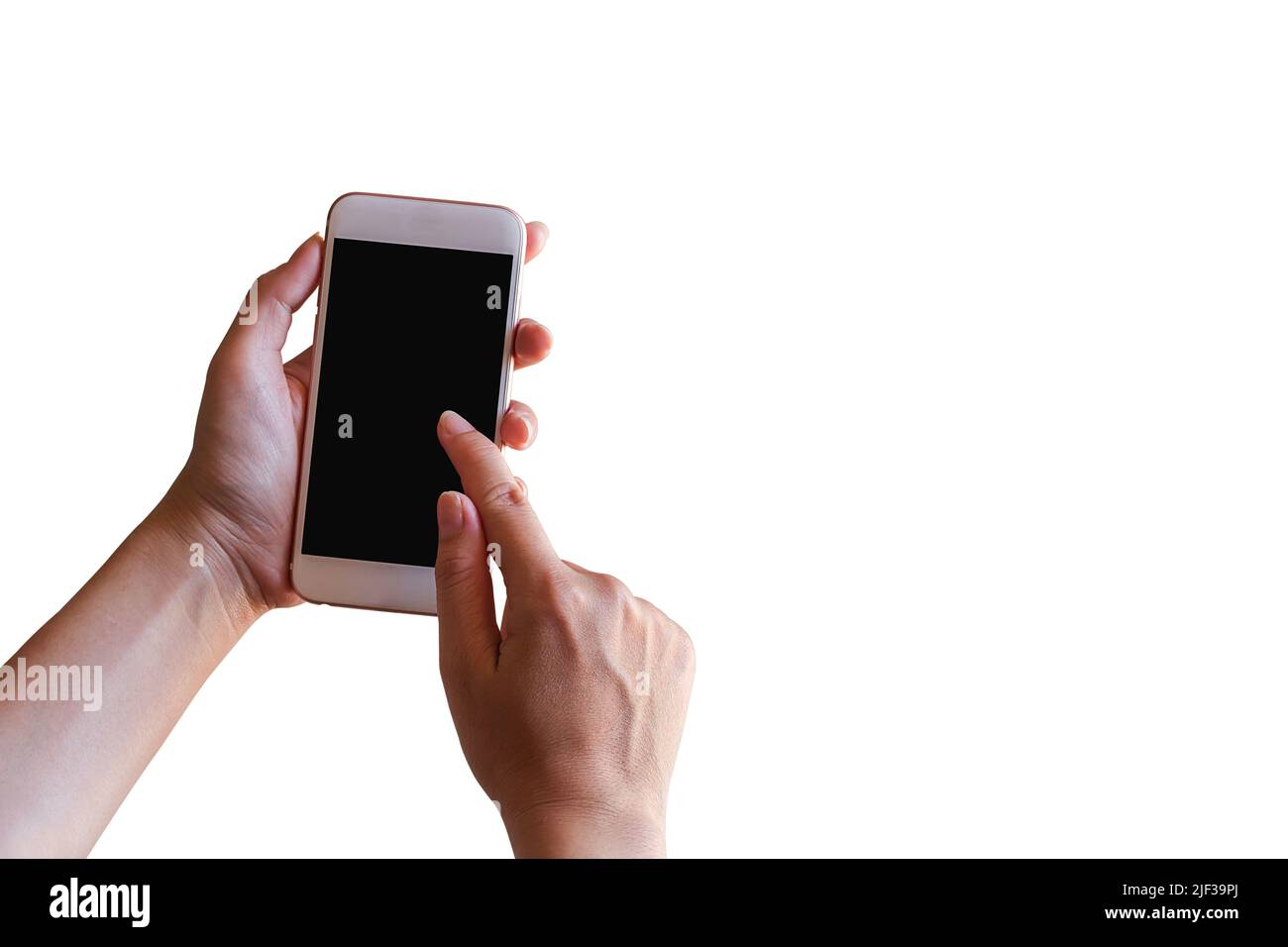 Hand holding mobile smart phone with blank screen isolated on white ...