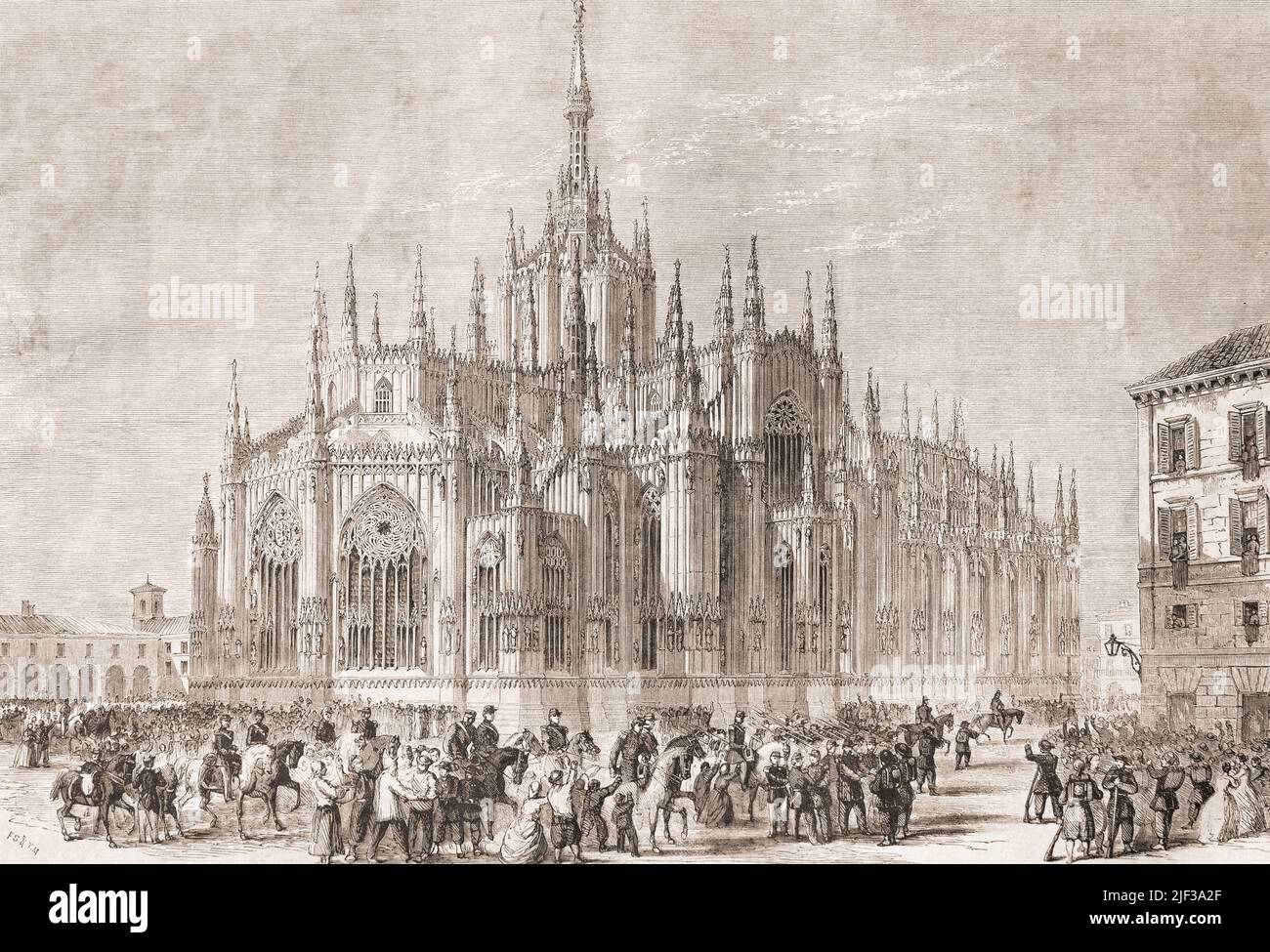 The Milanese welcoming the French and Sardinians after they had ousted the Austrians during The Second Italian War of Independence, aka the Franco-Austrian War, the Austro-Sardinian War or Italian War of 1859, fought by the Second French Empire and the Savoyard Kingdom of Sardinia against the Austrian Empire in 1859.  From L'Univers Illustre, published Paris, 1859. Stock Photo