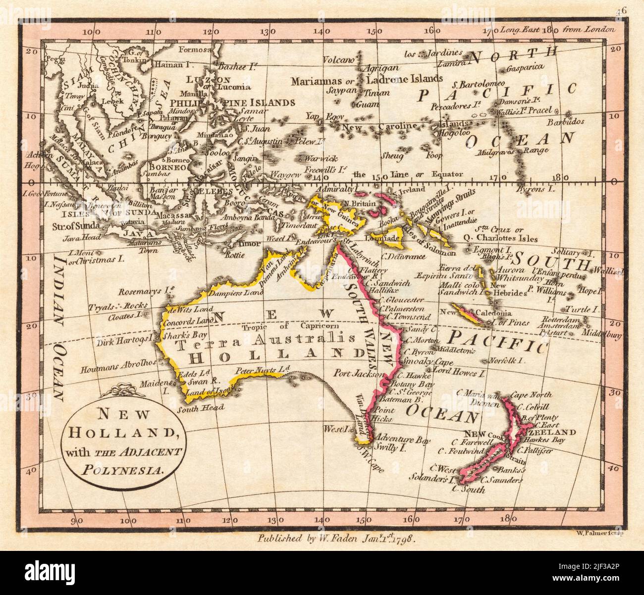 New Holland with the adjacent Polynesia. 1798 map by cartographer William Faden, engraved by William Palmer.  Faden was the royal geographer to King George III.  This map comes from his Atlas minimus universalis which was designed mainly for use in schools. Stock Photo