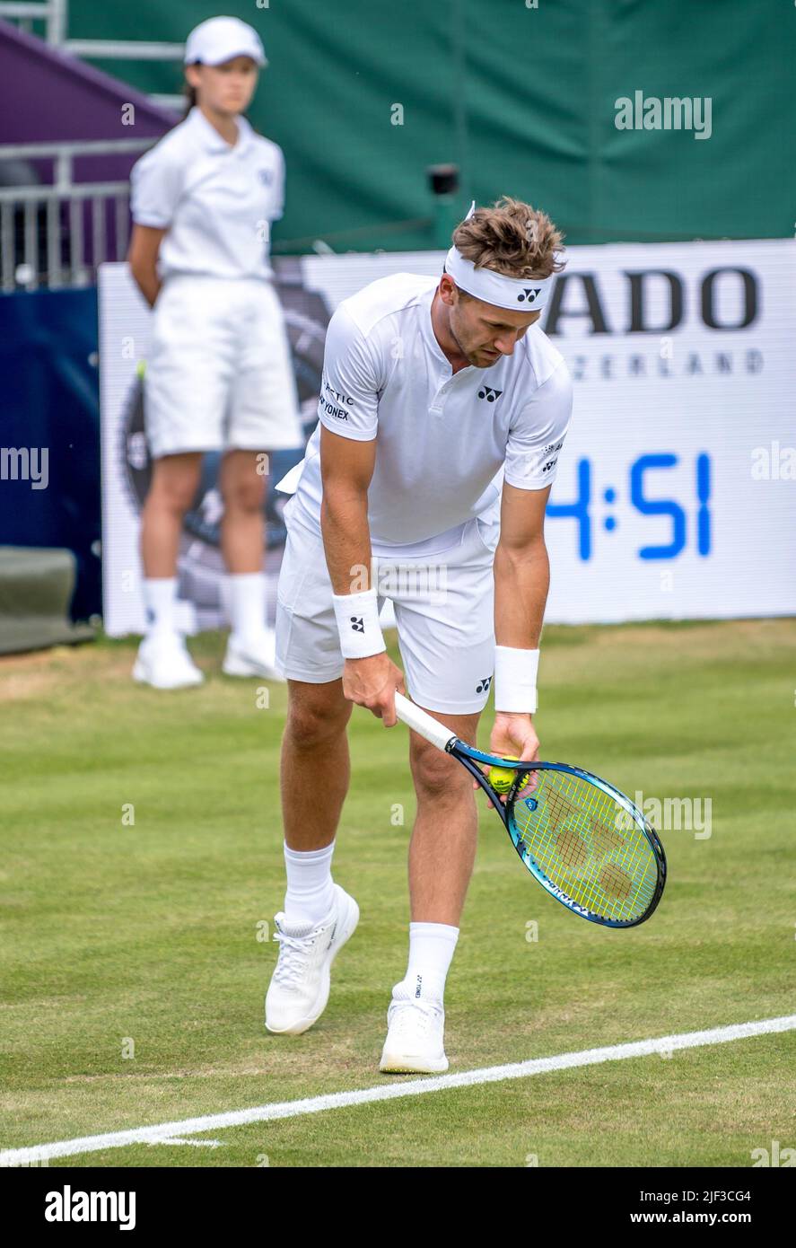 Casper Ruud gets ready to serve during the Giorgio Armani Tennis Classic at the Hurlingham Club, London, UK on 25 June 2022