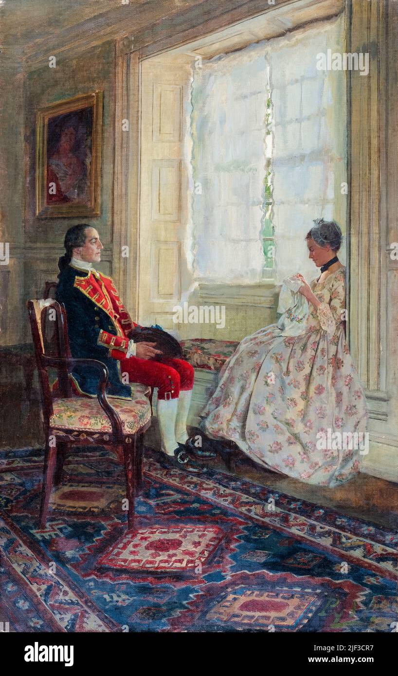 George Washington and Mary Philipse, painting in oil on illustration board by Howard Pyle, 1896 Stock Photo