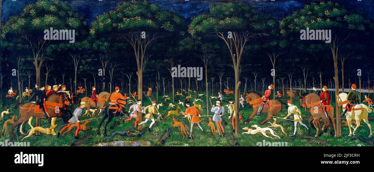 Paolo Uccello, The Hunt in the Forest, painting in tempera, oil, and gold on panel, 1470-1479 Stock Photo