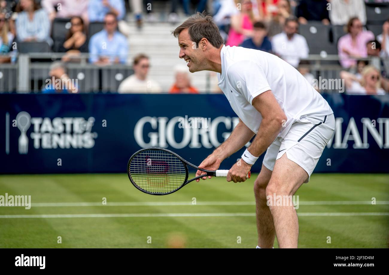 London, UK. 25th June, 2022. Greg Rusedski ready for return of serve during  the Giorgio Armani Tennis Classic at the Hurlingham Club, London, UK on 25  June 2022. Photo by Phil Hutchinson.