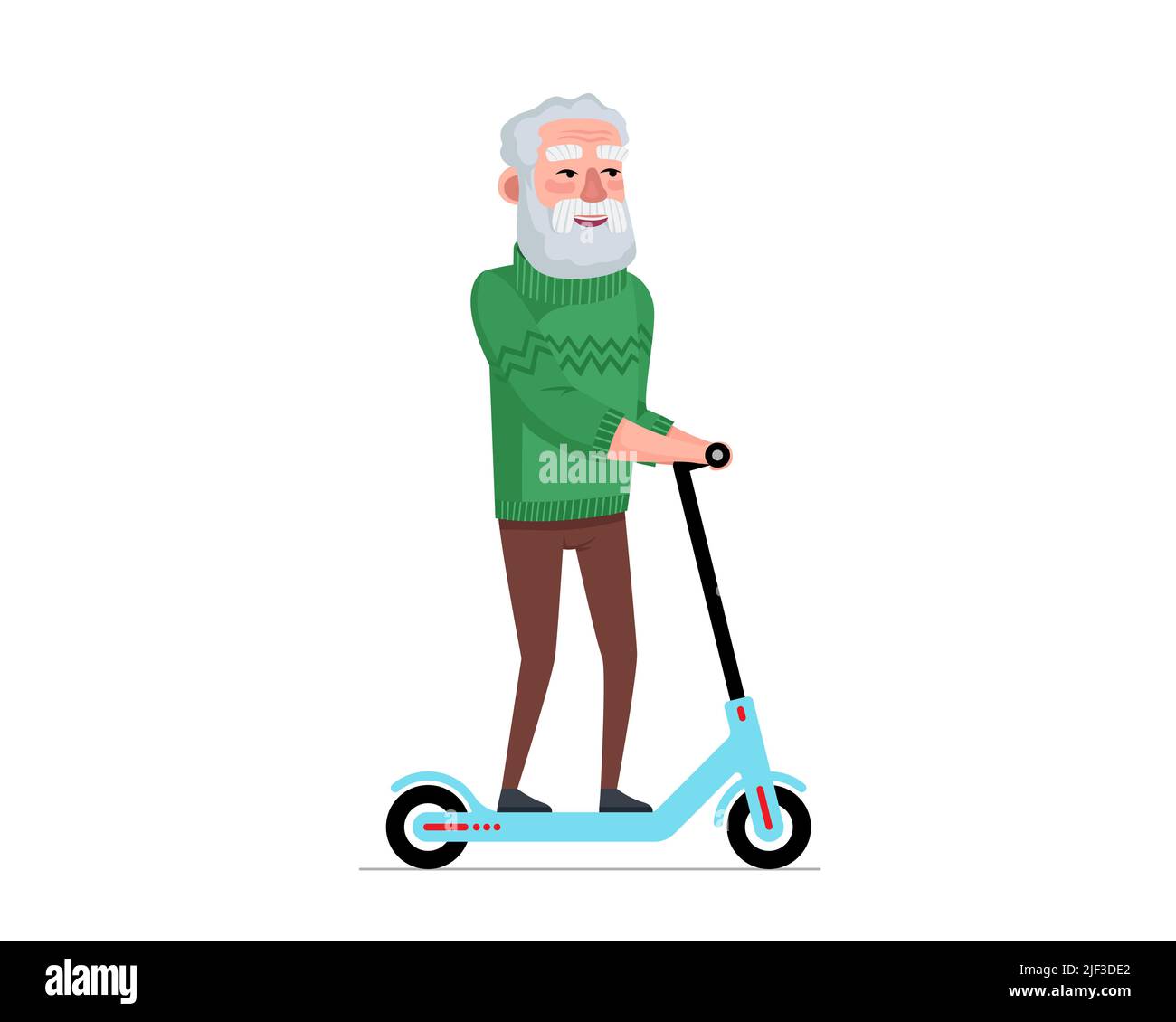 Older man fun and riding electric kick scooter. Elderly male ride on eco transport. Old grandpa healthy lifestyle. Retired granddad moving. Cheerful senior pensioner leisure. Active grandfather vector Stock Vector