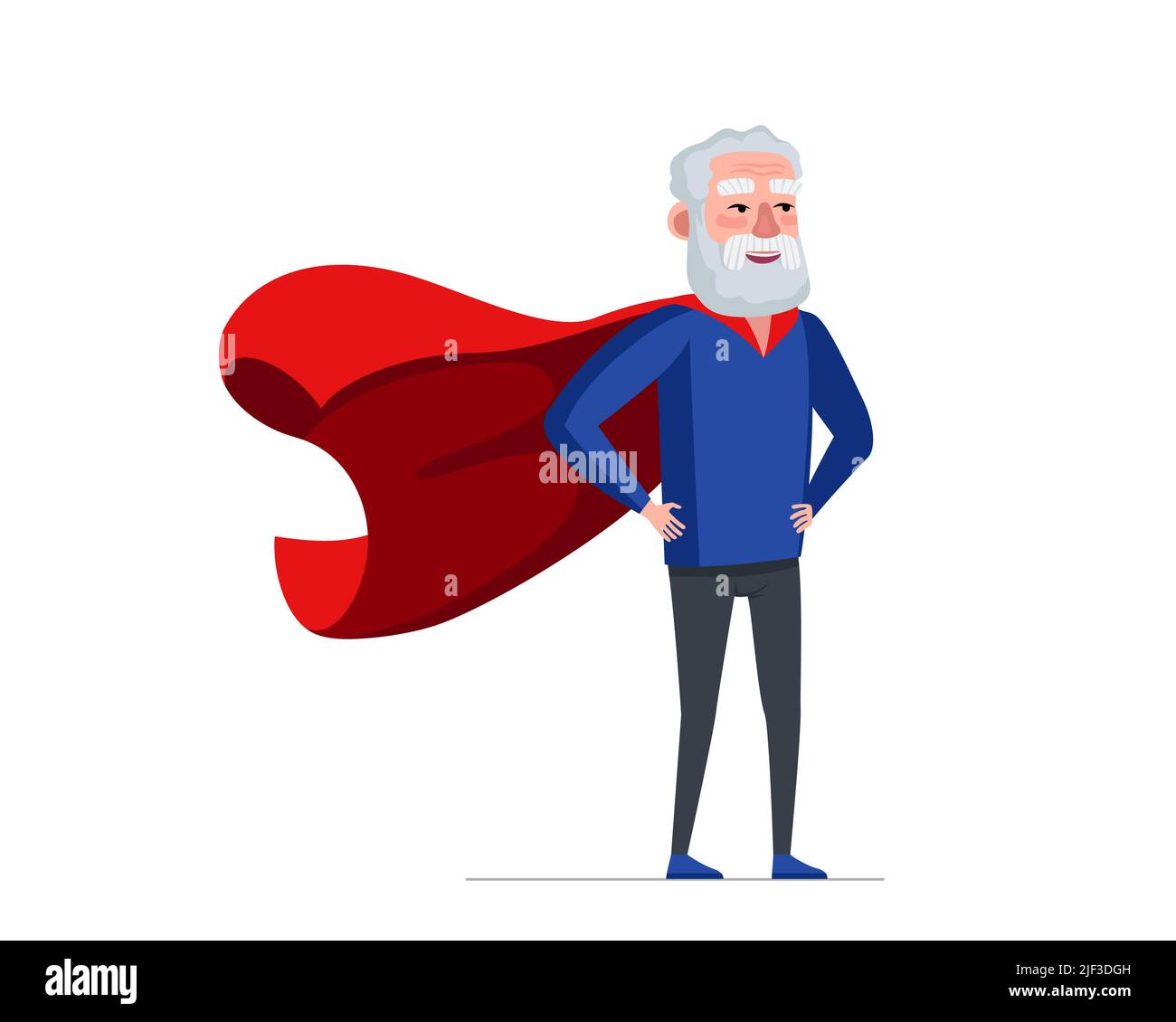 Older man in superhero costume wearing red cape. Super hero elderly male. Strong healthy old grandpa. Cool retired grandfather. Cheerful senior pensioner having superpowers. Active fun granddad vector Stock Vector