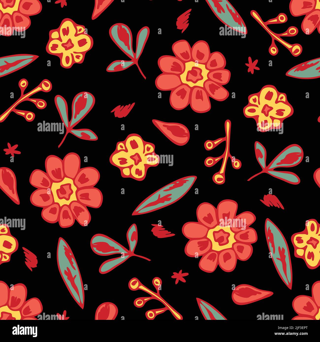 Seamless vector pattern with red flowers on black background. Simple