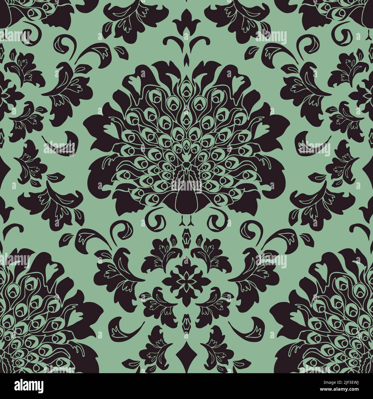 Seamless vector pattern with peacock on light green background. Romantic damask wallpaper design with bird silhouette. Victorian style fashion textile Stock Vector