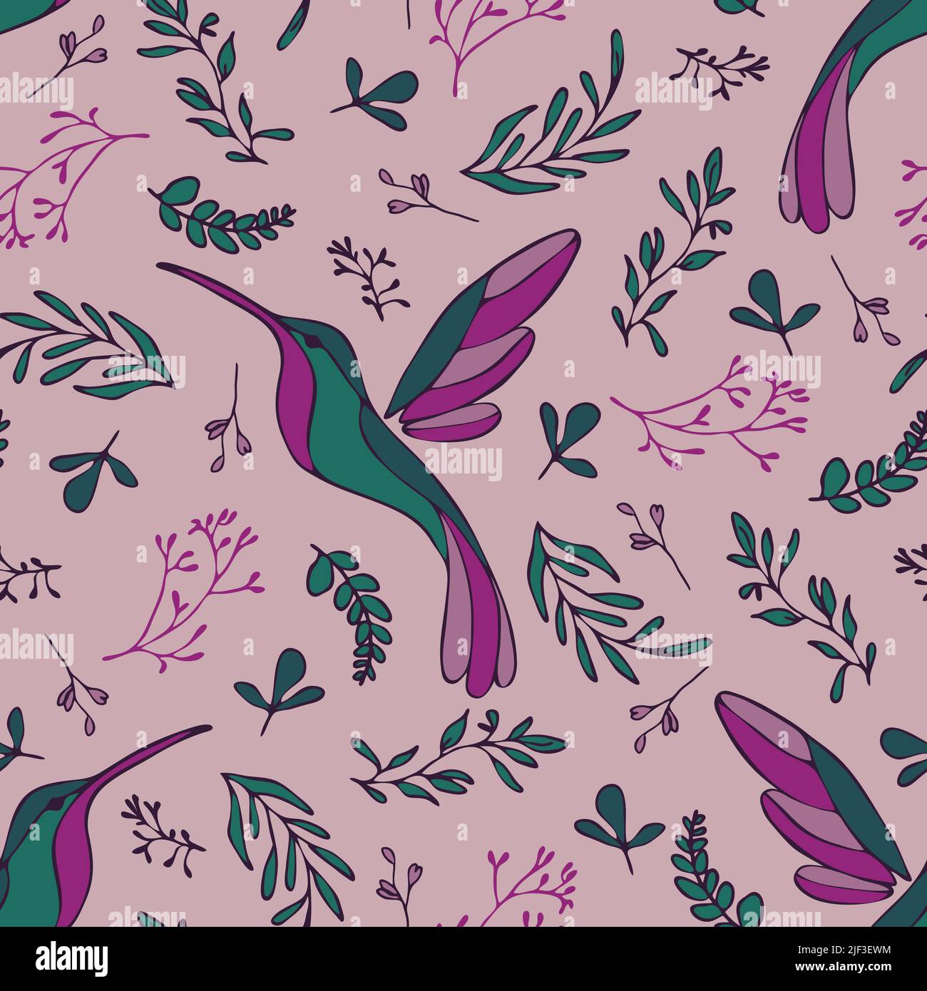 Seamless vector pattern with hummingbirds on pink background. Simple