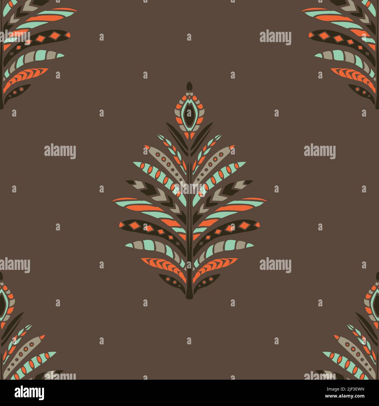 Seamless vector pattern with native feather on brown background. Simple tribal symbol wallpaper design. Decorative vintage Aztec fashion textile. Stock Vector