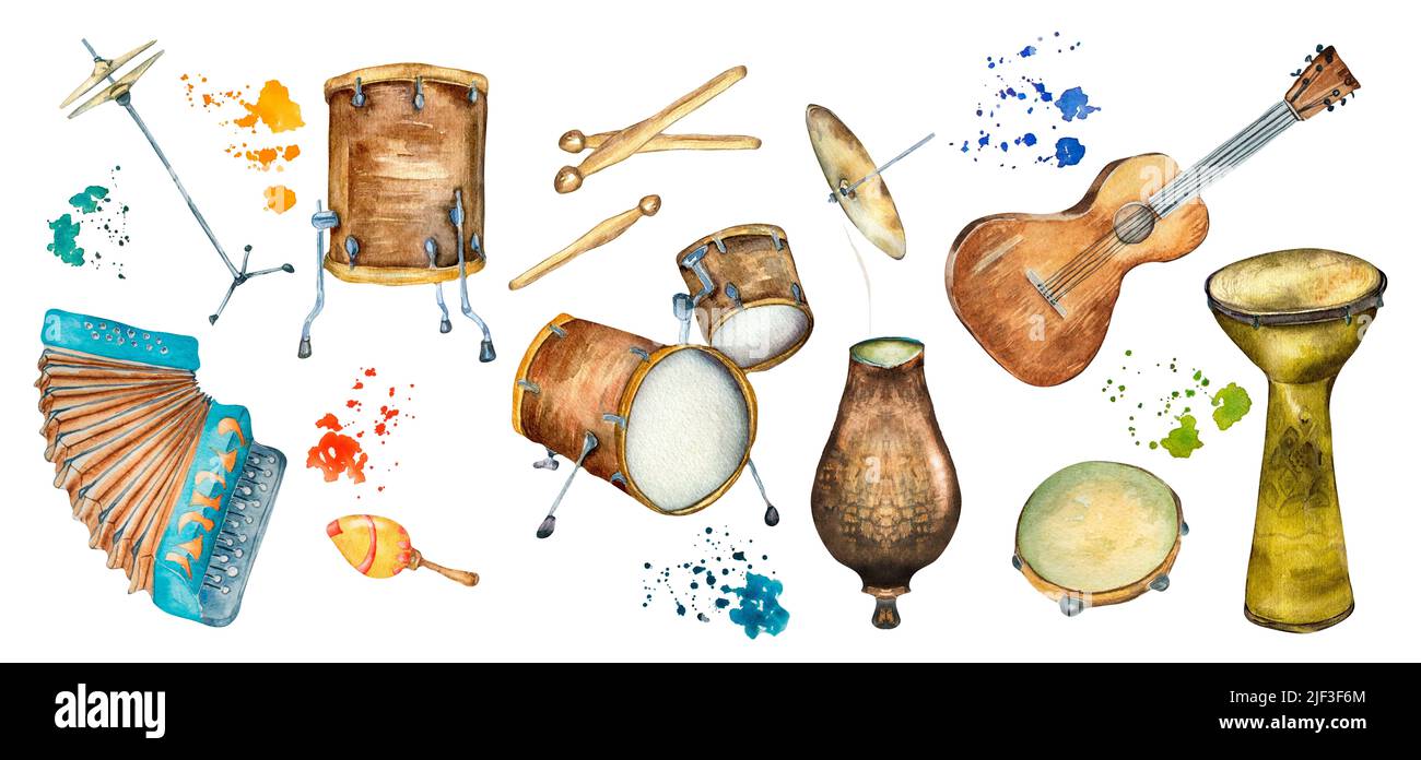 Set of Latin folk musical instruments watercolor illustration isolated ...