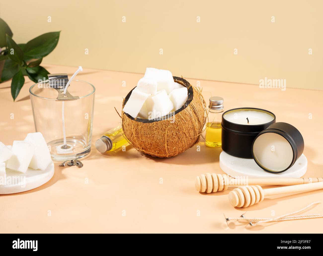 Set for homemade natural eco-friendly coconut wax candles, wick, perfume,  aroma oil. Candle making utensils.Trendy diy candles to health Stock Photo  - Alamy