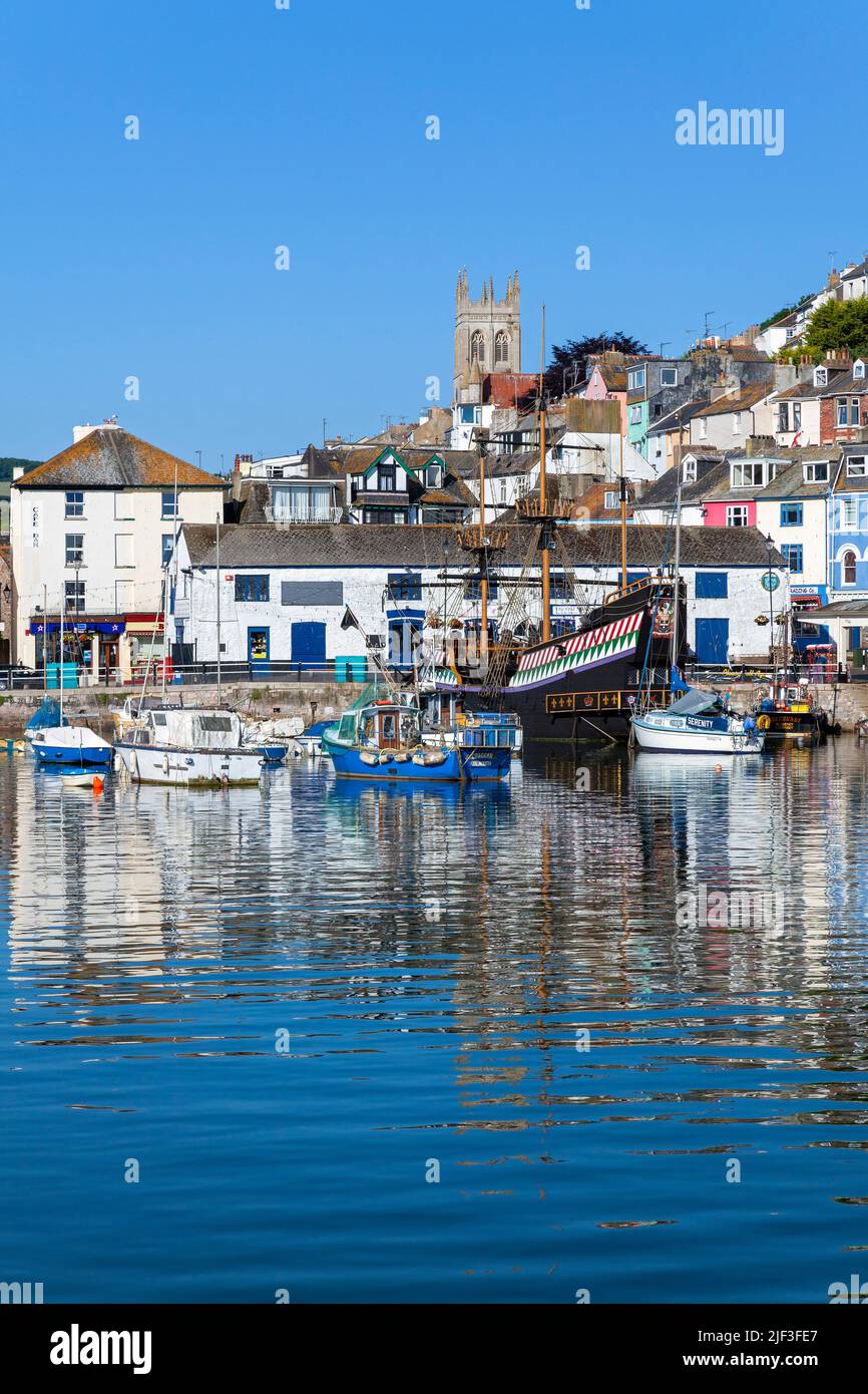 Europe, UK, England, Devon, Torbay, Brixham Harbour and The Strand with moored Boats and The Golden Hind (Museum ship) Stock Photo